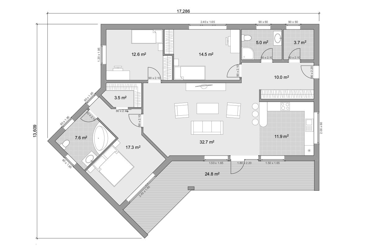 Prefabricated timber frame house design - Bona 140 floor plan